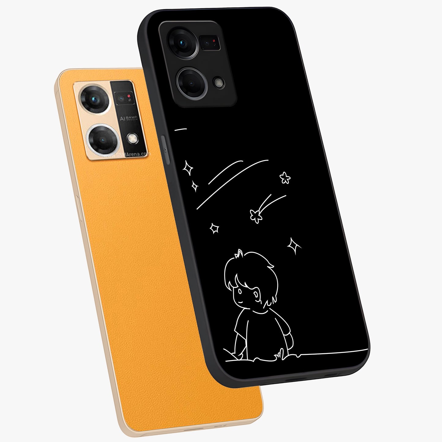 Line Art Boy With Shooting Stars Glass Case displayed in angled mockup highlighting elegant line art design with dreamy star aesthetic.