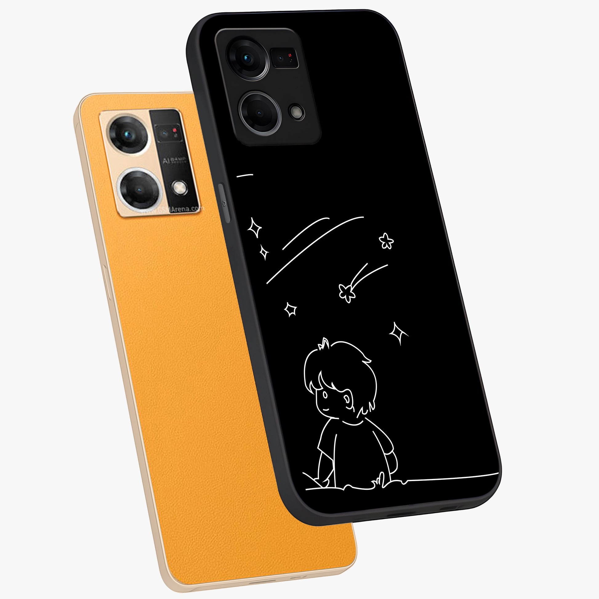 Line Art Boy With Shooting Stars Glass Case displayed in angled mockup highlighting elegant line art design with dreamy star aesthetic.