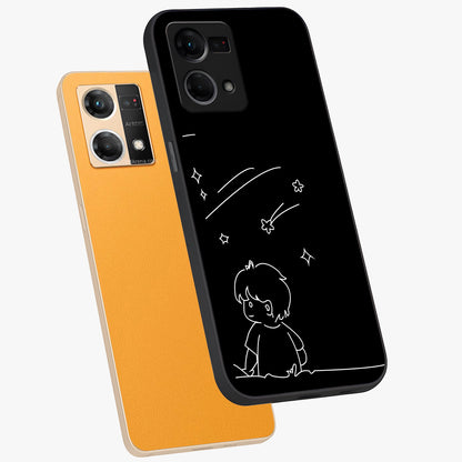 Line Art Boy With Shooting Stars Glass Case displayed in angled mockup highlighting elegant line art design with dreamy star aesthetic.