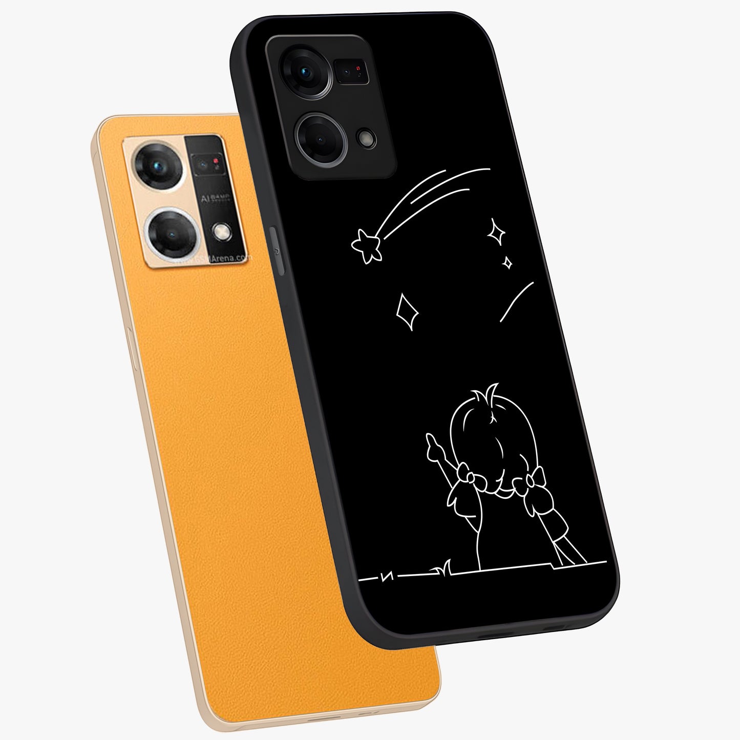 Line Art Girl With Shooting Stars Glass Case displayed in angled mockup highlighting elegant line art design with dreamy star aesthetic.