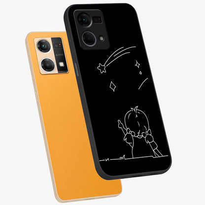 Line Art Girl With Shooting Stars Glass Case displayed in angled mockup highlighting elegant line art design with dreamy star aesthetic.