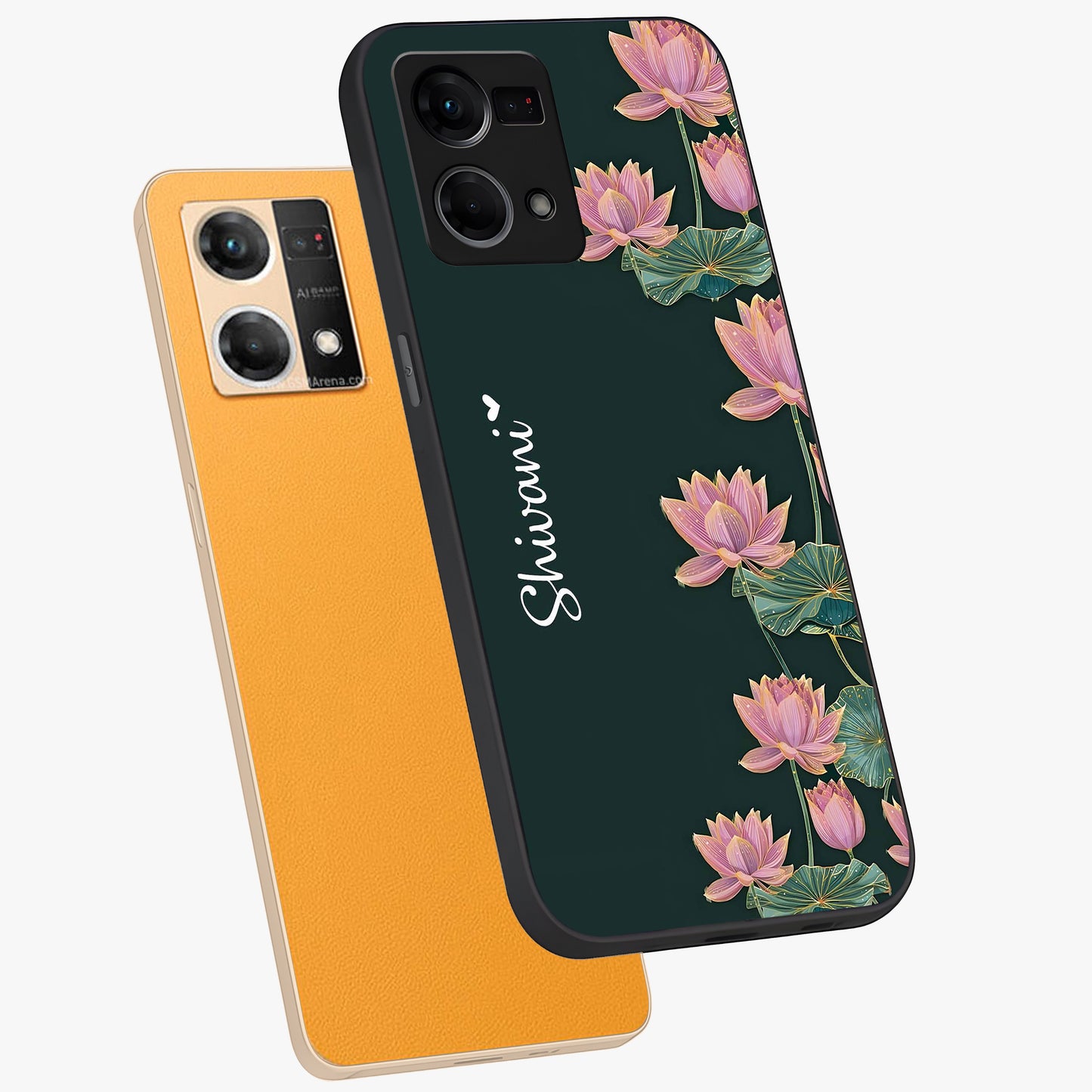 Lotus Bloom Serenity Custom Name Glass Case displayed in angled mockup highlighting graceful lotus illustration with custom name feature.