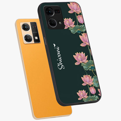 Lotus Bloom Serenity Custom Name Glass Case displayed in angled mockup highlighting graceful lotus illustration with custom name feature.