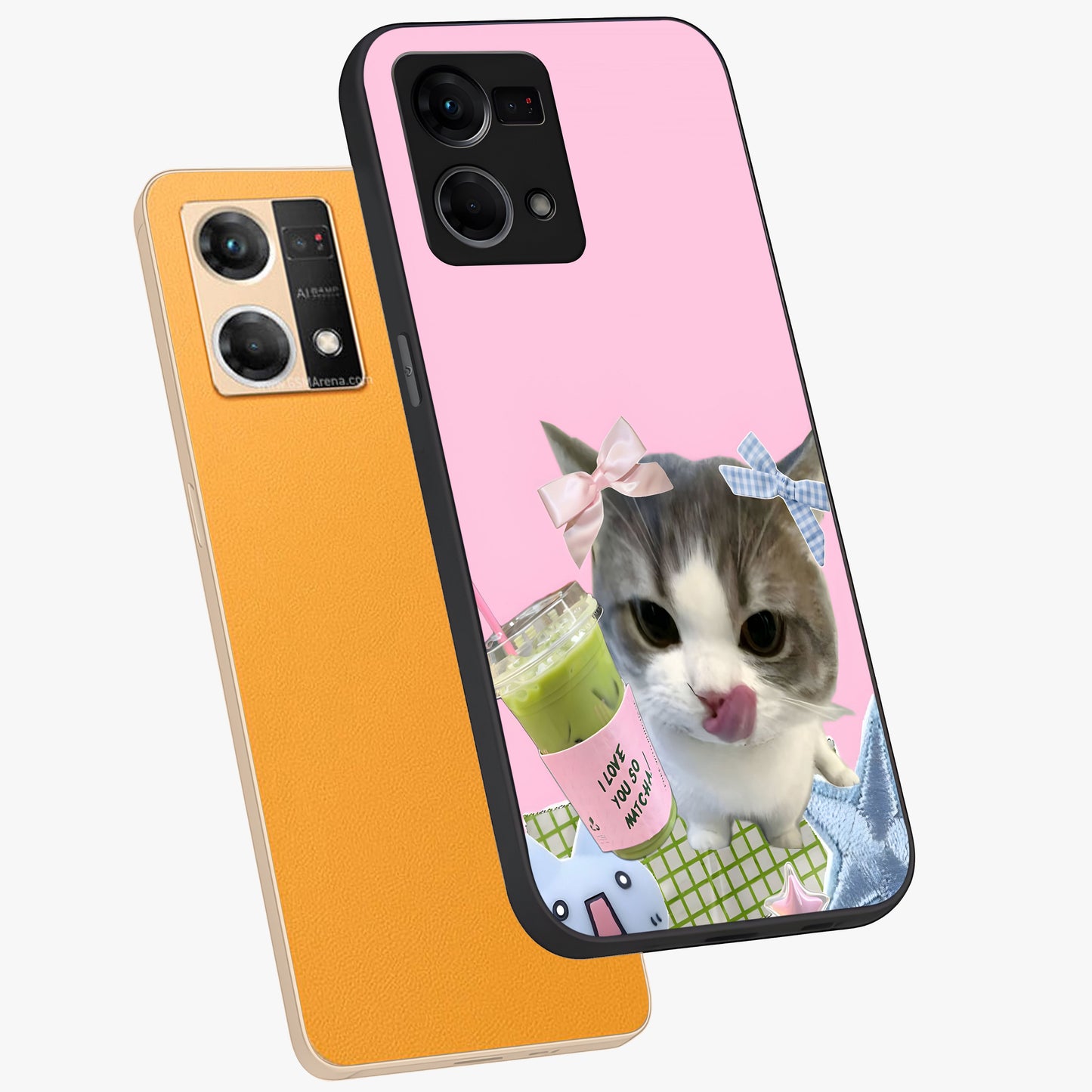 Love Matcha Cat Glass Case displayed in angled mockup highlighting playful feline illustration with cozy matcha aesthetic.