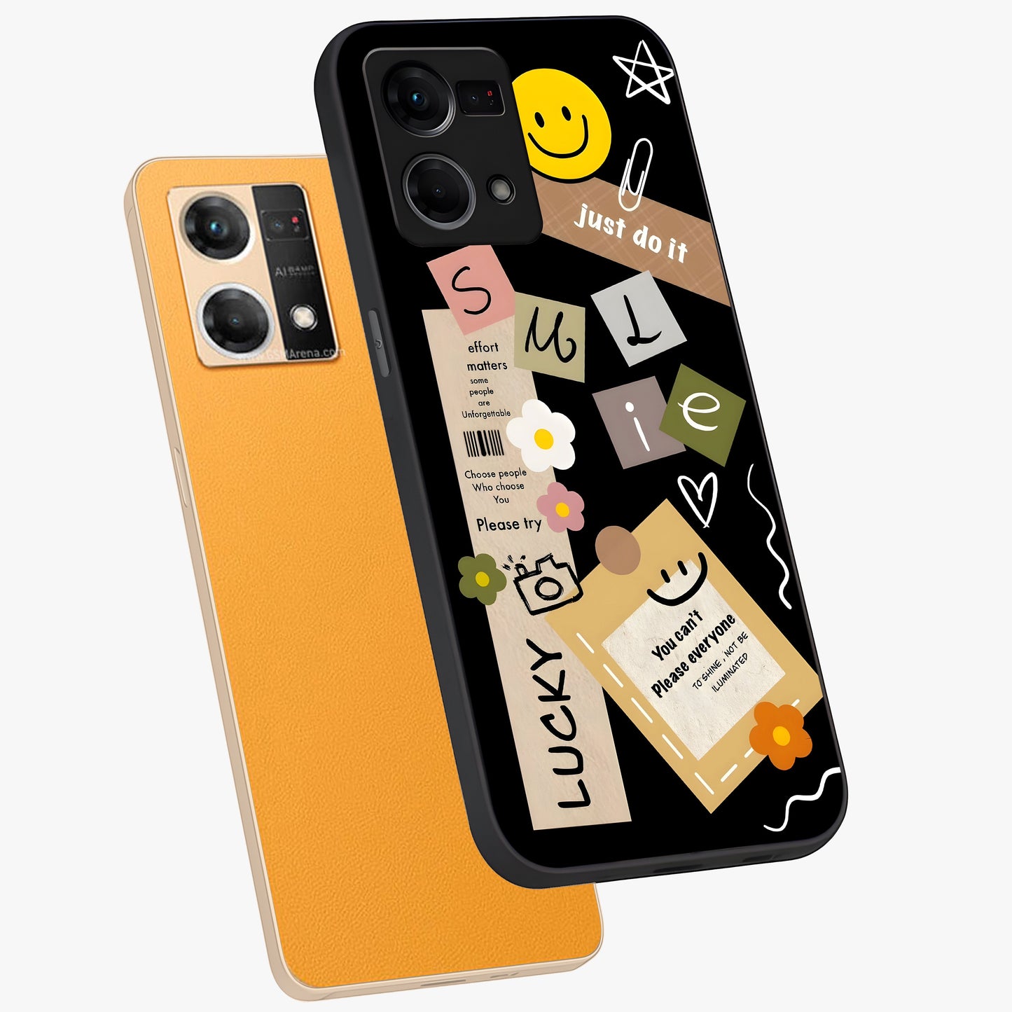 Lucky Aesthetic Collage Glass Case displayed in angled mockup highlighting stylish collage pattern with modern aesthetic vibe.
