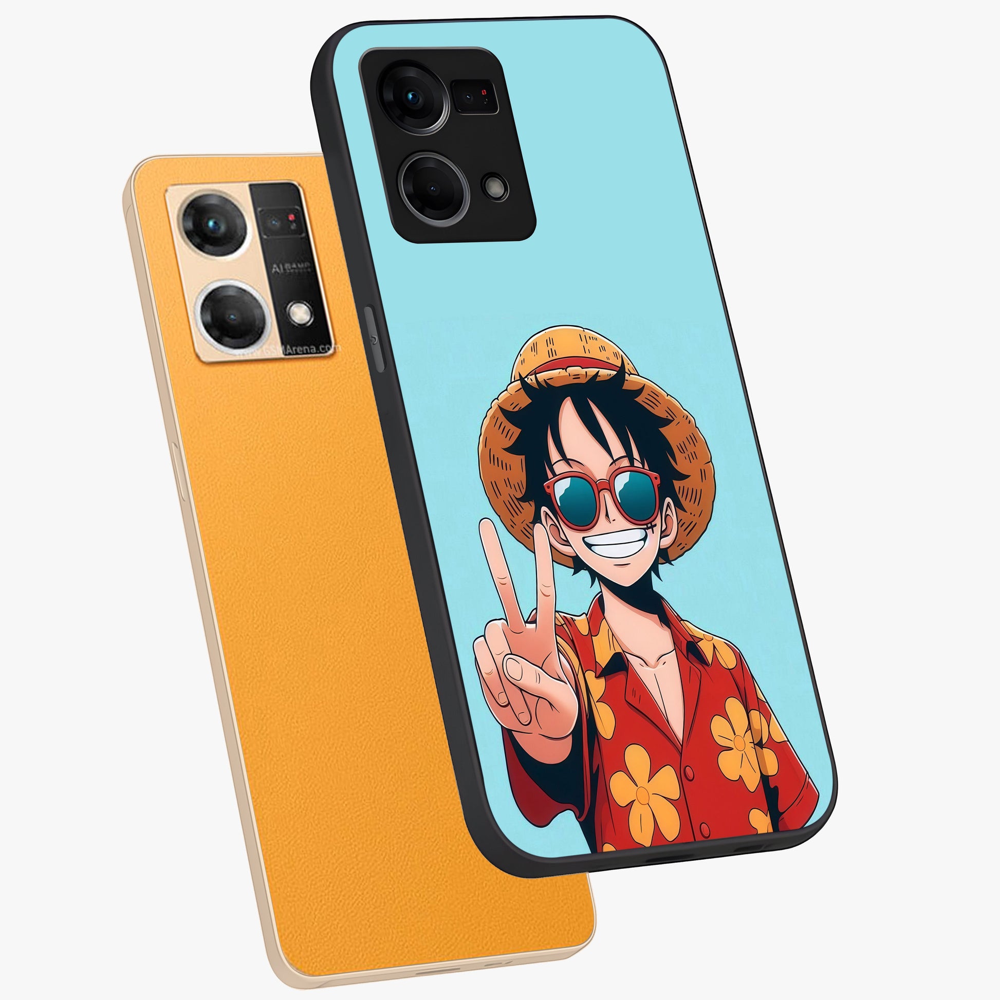 Luffy Summer Anime Vibe Glass Case displayed in angled mockup highlighting energetic anime illustration with summer vibe aesthetic.