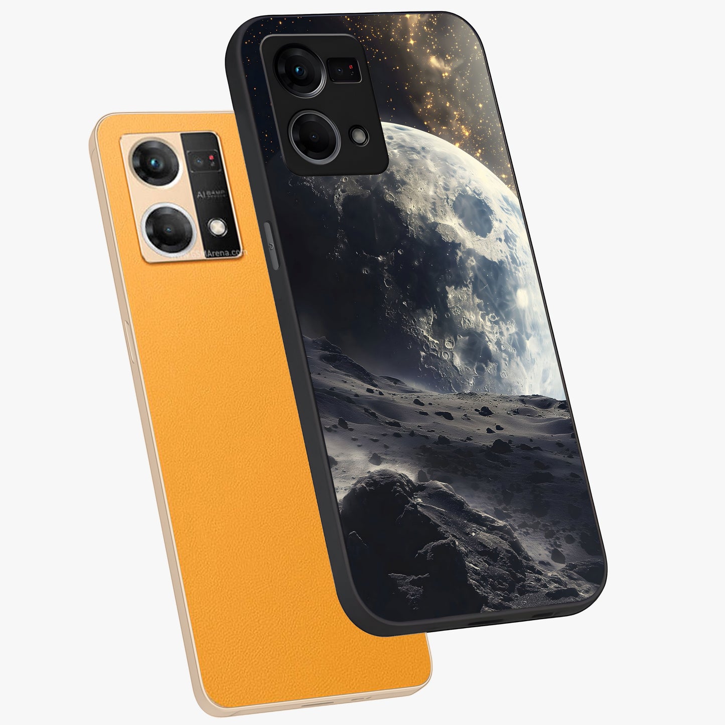 Lunar Horizon Glow Glass Case displayed in angled mockup highlighting celestial moon design with dreamy night aesthetic.