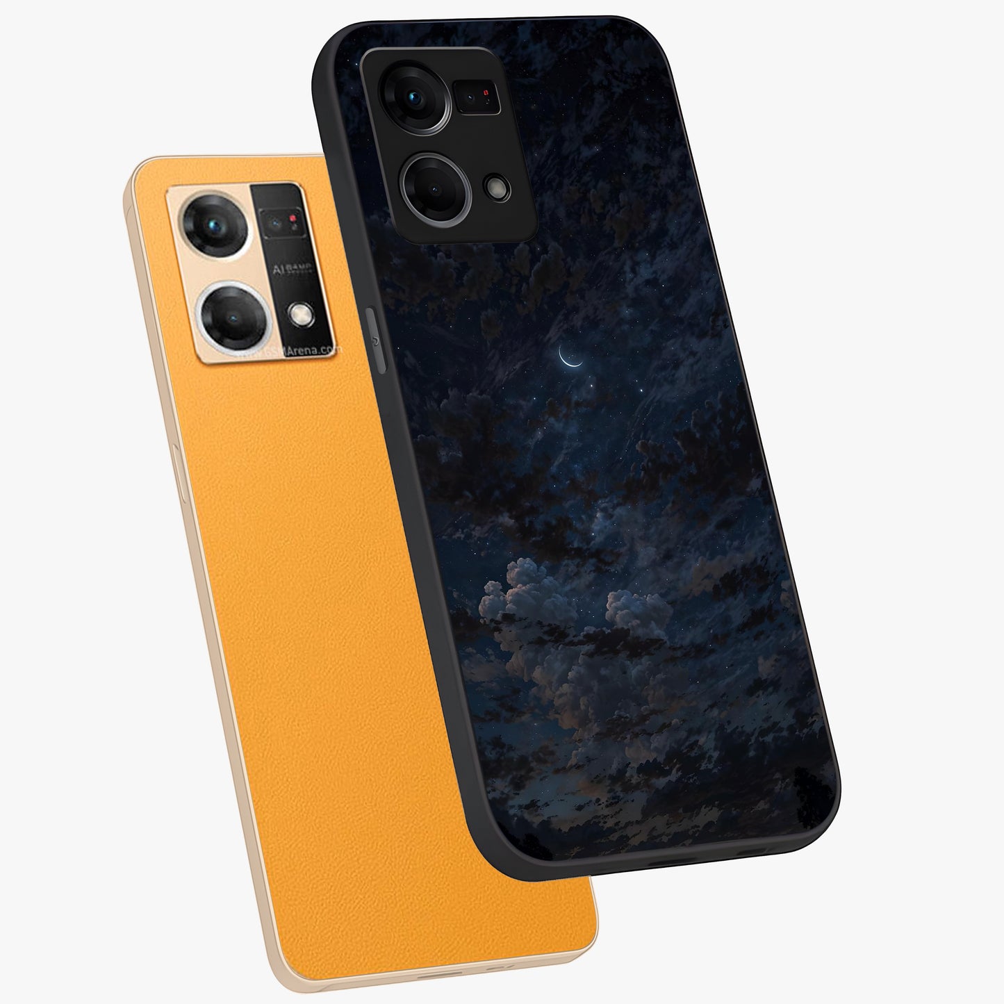 Lunar Veil Silence Glass Case displayed in angled mockup highlighting soft lunar design with peaceful celestial aesthetic.