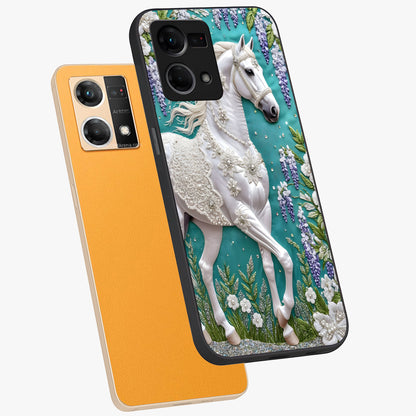 Majestic Floral Stallion Glass Case displayed in angled mockup highlighting majestic stallion illustration with elegant floral aesthetic.