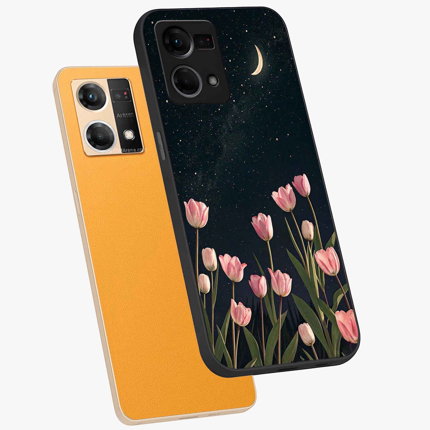 Midnight Tulip Whispers Vibe Glass Case displayed in angled mockup highlighting delicate tulip design with midnight floral aesthetic.