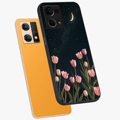 Midnight Tulip Whispers Vibe Glass Case displayed in angled mockup highlighting delicate tulip design with midnight floral aesthetic.