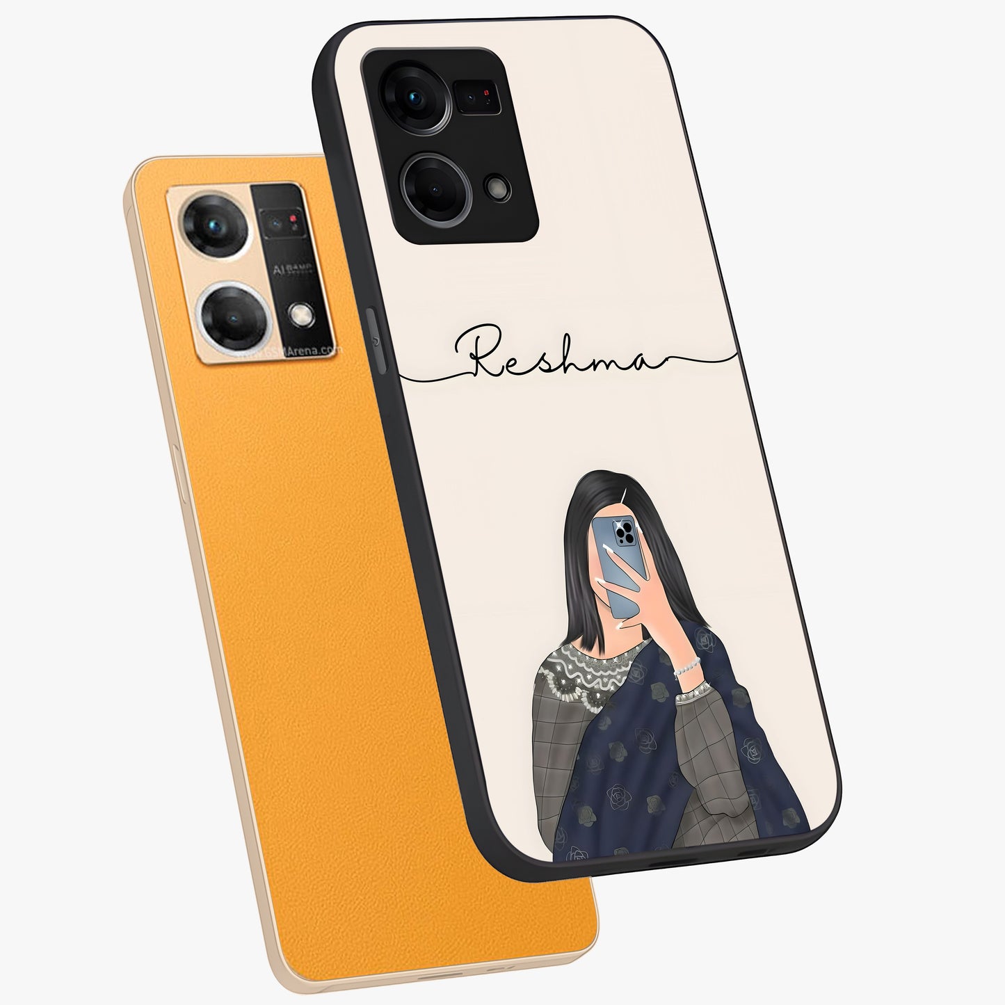 Mirror Mood Muse With Custom Name Glass Case displayed in angled mockup highlighting aesthetic mirror inspired design with custom name feature.