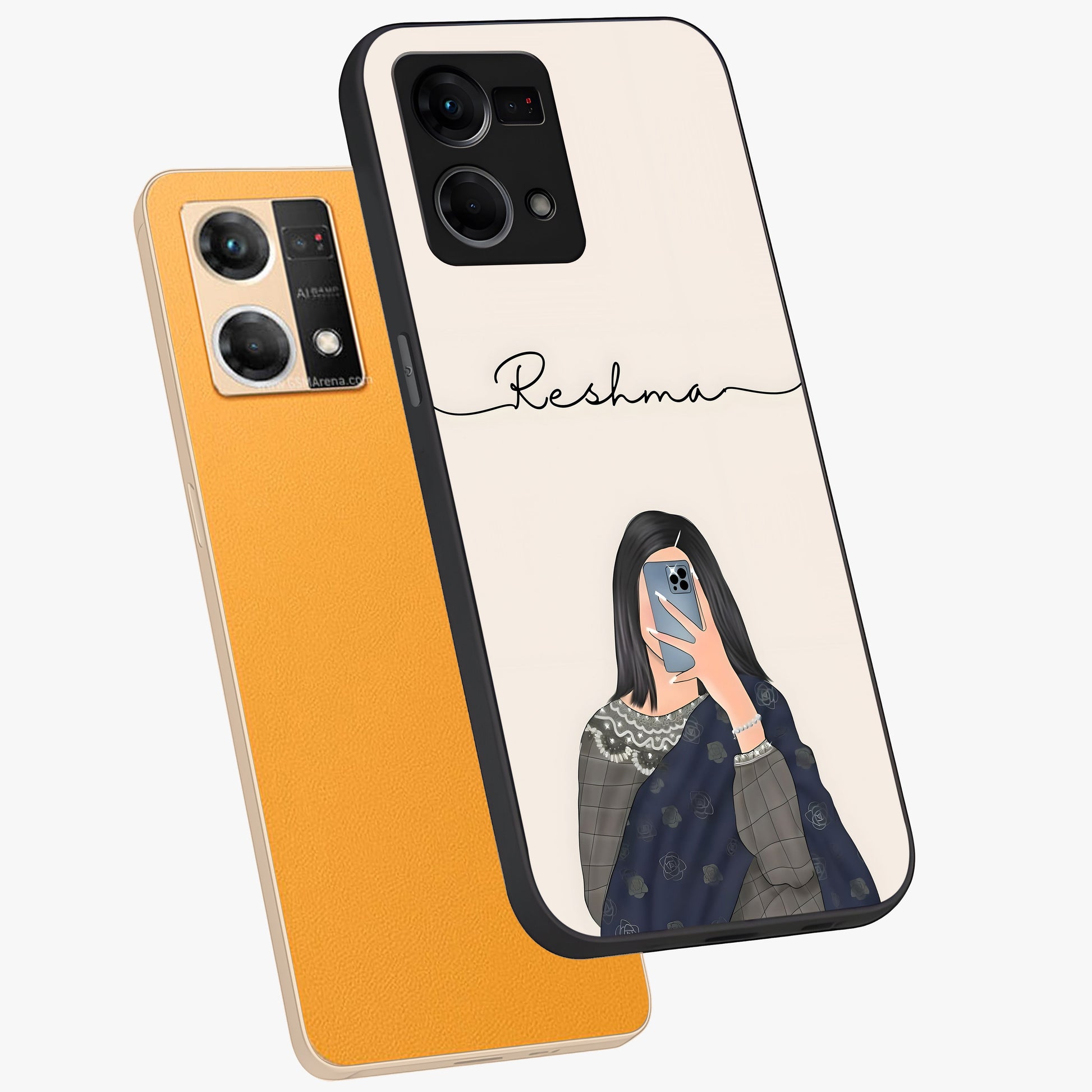 Mirror Mood Muse With Custom Name Glass Case displayed in angled mockup highlighting aesthetic mirror inspired design with custom name feature.