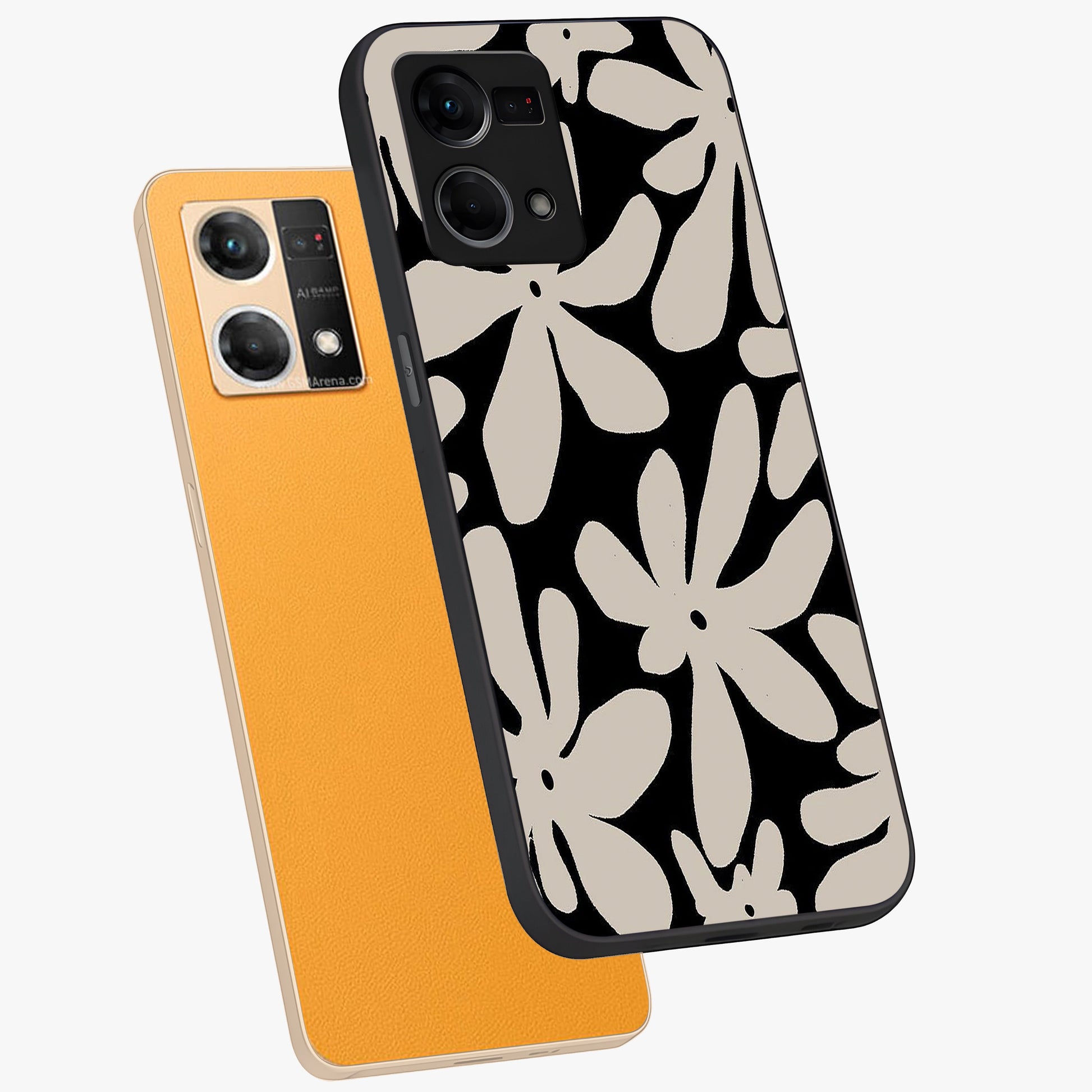 Monochrome Petal Dance Glass Case displayed in angled mockup highlighting elegant petal design with black and white aesthetic.