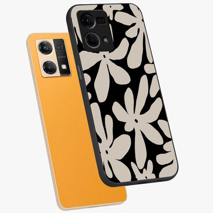 Monochrome Petal Dance Glass Case displayed in angled mockup highlighting elegant petal design with black and white aesthetic.