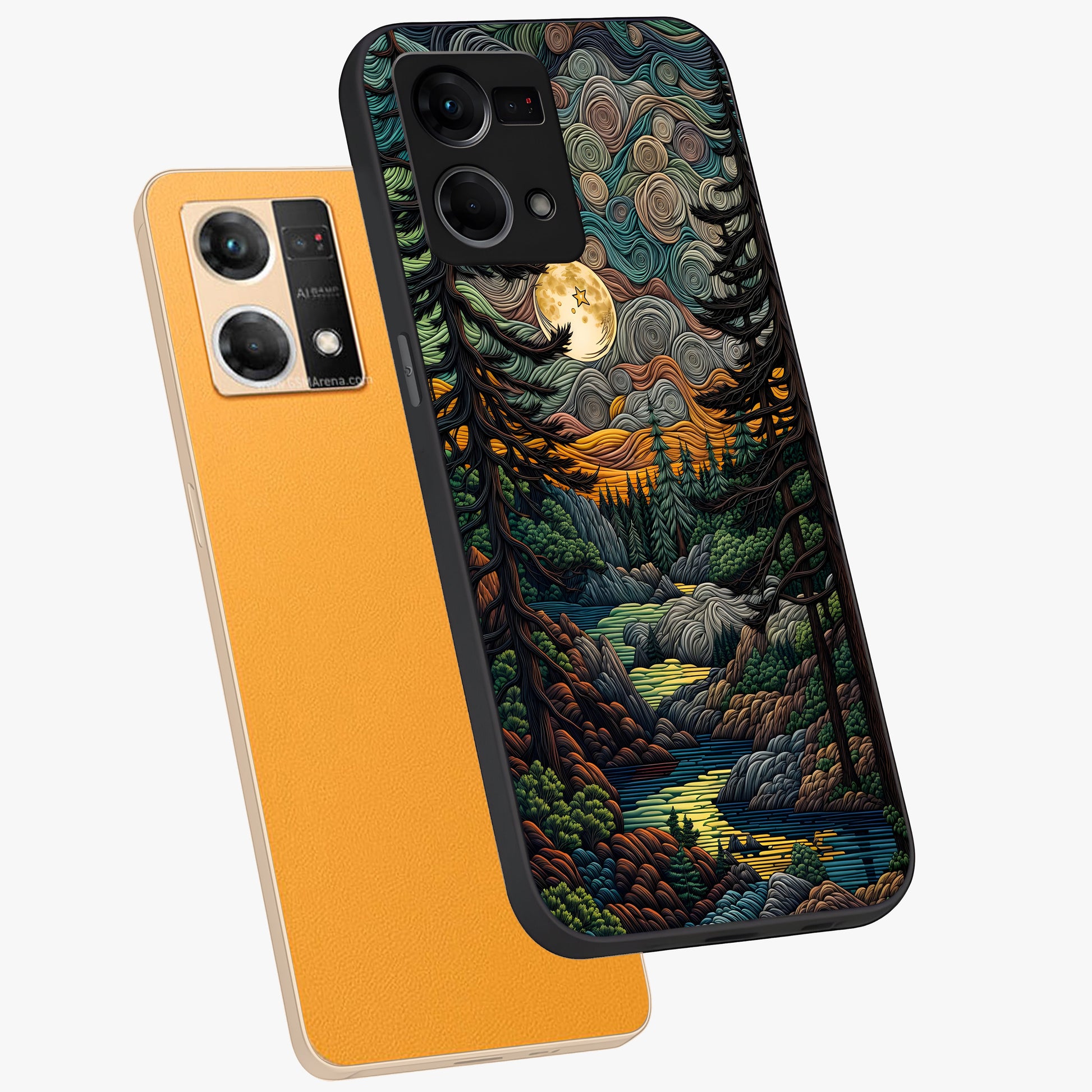 Moonlight Forest Dream Glass Case displayed in angled mockup highlighting dreamy forest design with glowing moon aesthetic.