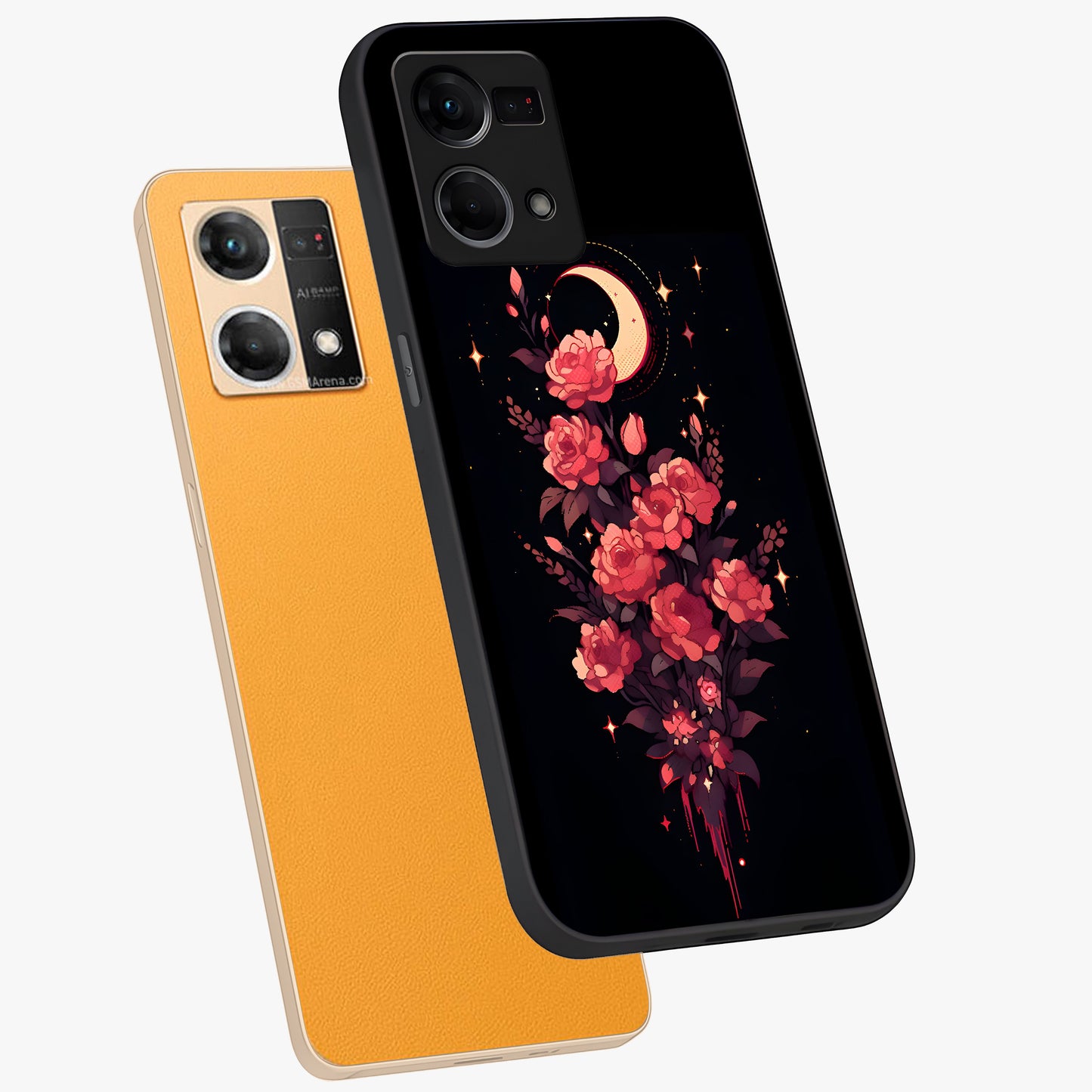 Moonlit Floral Elegance Glass Case displayed in angled mockup highlighting graceful flower design with soft moonlight aesthetic.