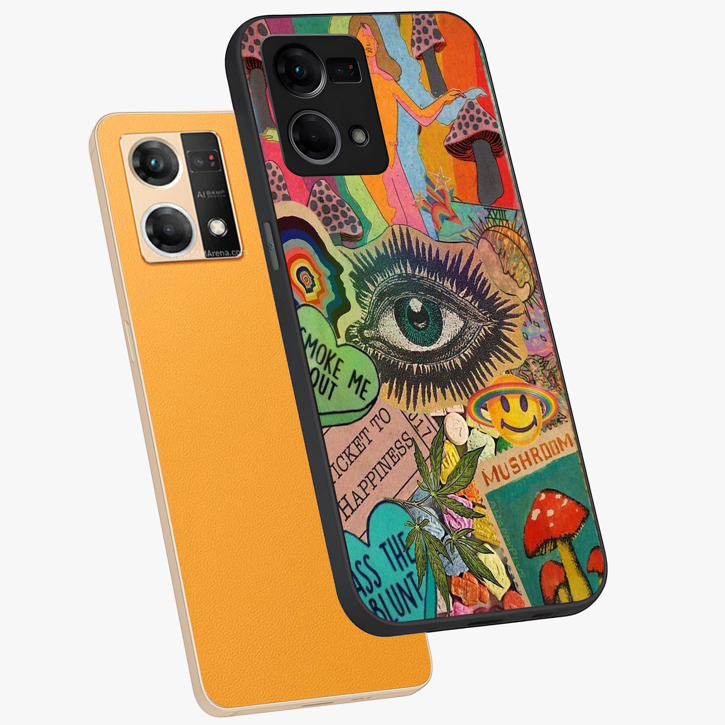 Mystic Eye Wonderland Glass Case displayed in angled mockup highlighting magical eye illustration with dreamy aesthetic.