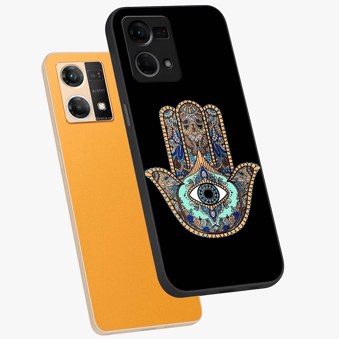 Mystic Hamsa Eye Glass Case displayed in angled mockup highlighting spiritual hamsa symbol with mystical aesthetic style.