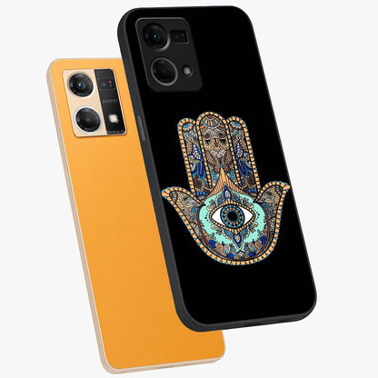 Mystic Hamsa Eye Glass Case displayed in angled mockup highlighting spiritual hamsa symbol with mystical aesthetic style.