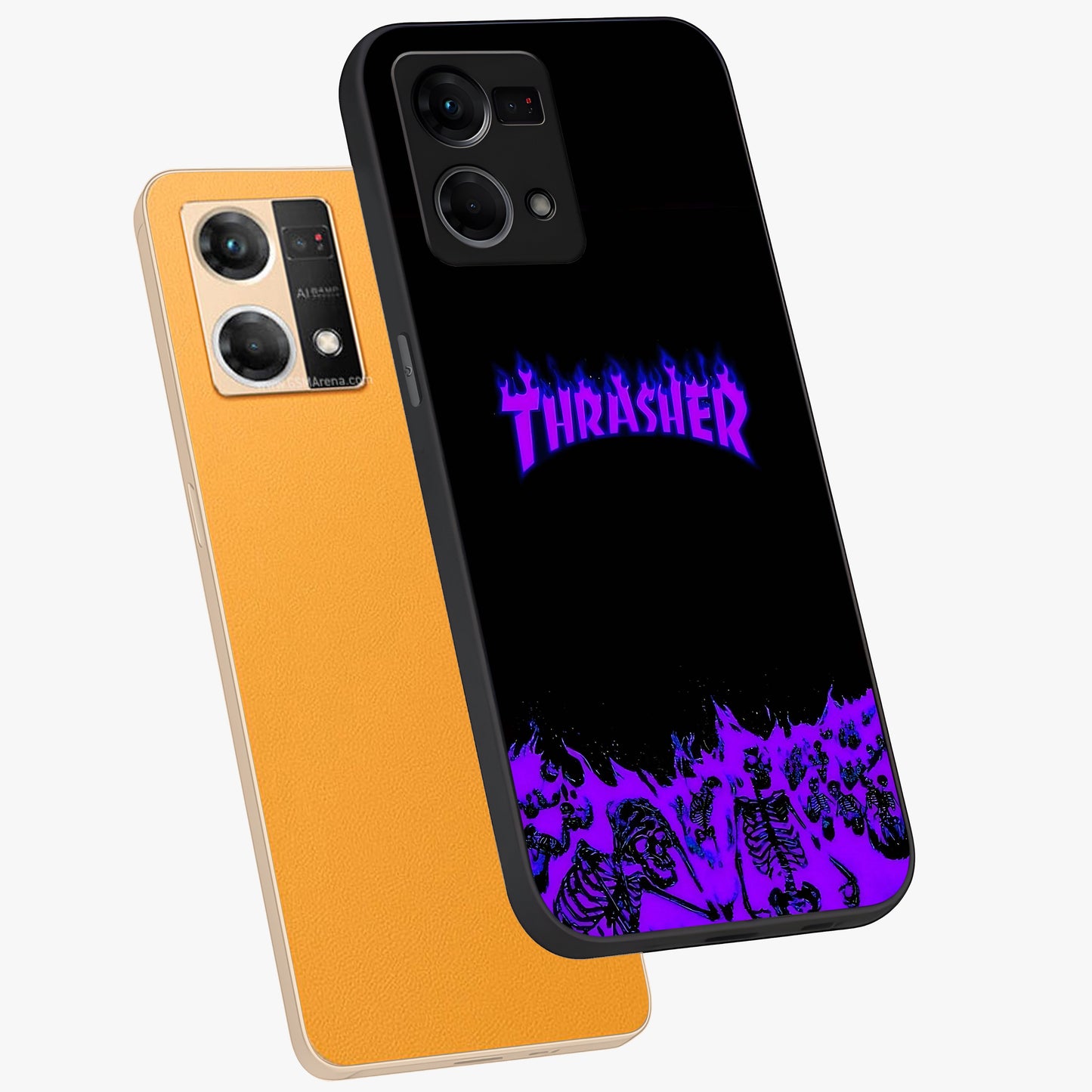 Neon Flame Riot Glass Case displayed in angled mockup highlighting glowing flame design with vibrant neon aesthetic.
