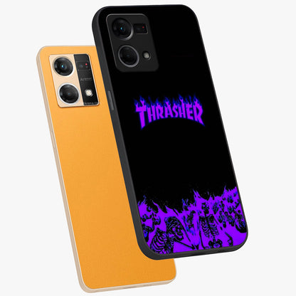 Neon Flame Riot Glass Case displayed in angled mockup highlighting glowing flame design with vibrant neon aesthetic.