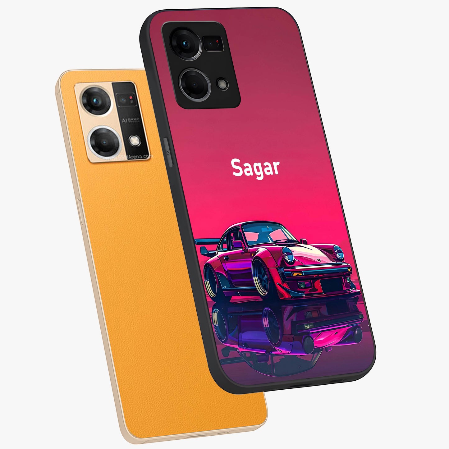 Neon Pink Porsche Glass Case displayed in angled mockup highlighting sleek neon pink car design with racing aesthetic.