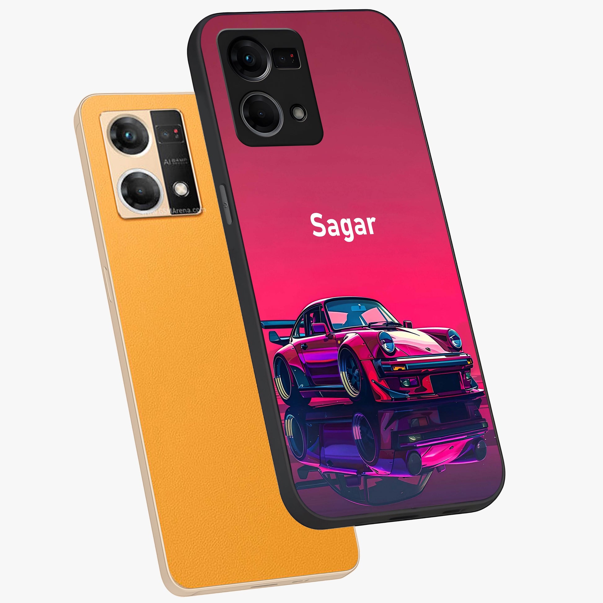 Neon Pink Porsche Glass Case displayed in angled mockup highlighting sleek neon pink car design with racing aesthetic.