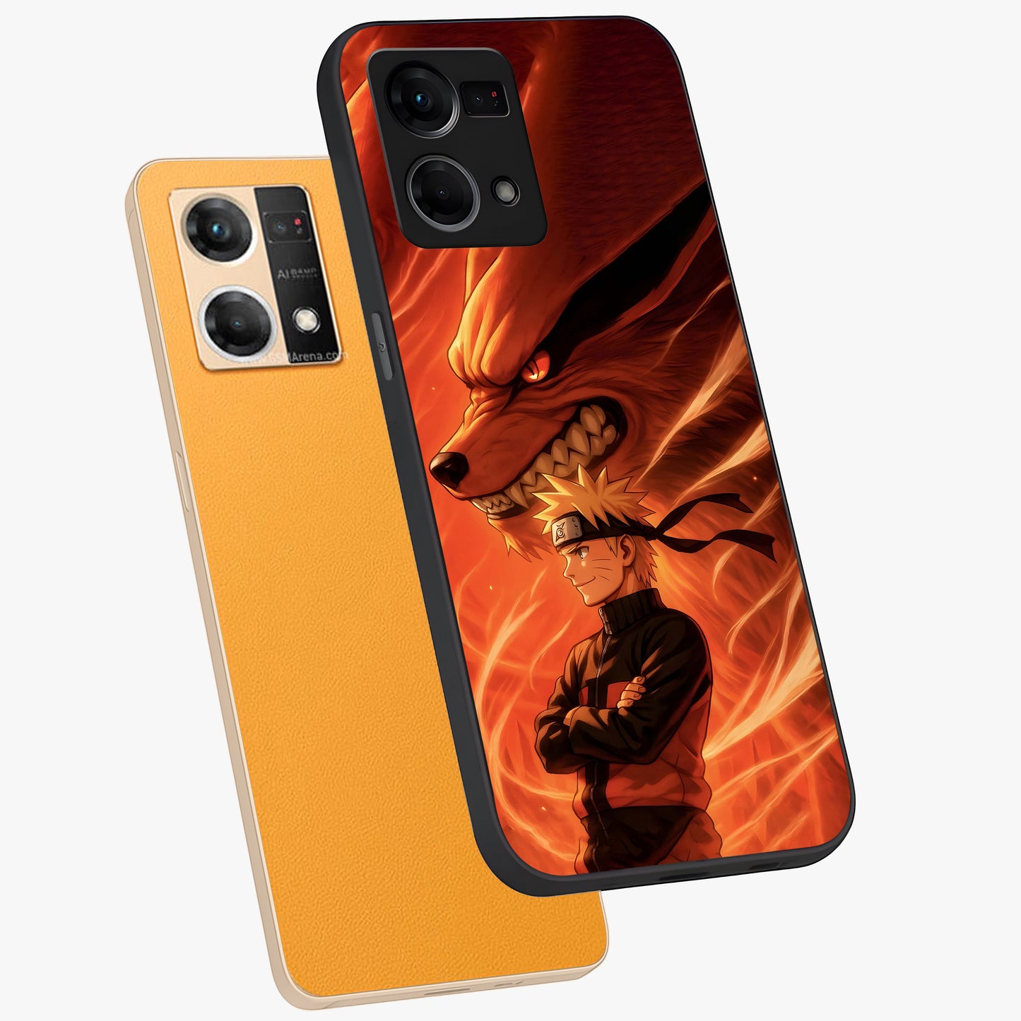 Nine Tails Legacy Glass Case displayed in angled mockup highlighting dynamic anime beast illustration with bold mystical aesthetic.