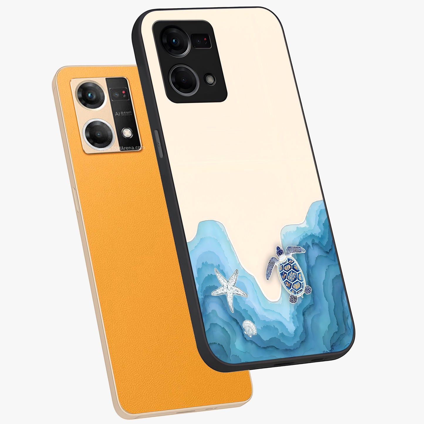 Ocean Drift Turtle Glass Case displayed in angled mockup highlighting peaceful ocean turtle illustration with marine aesthetic.