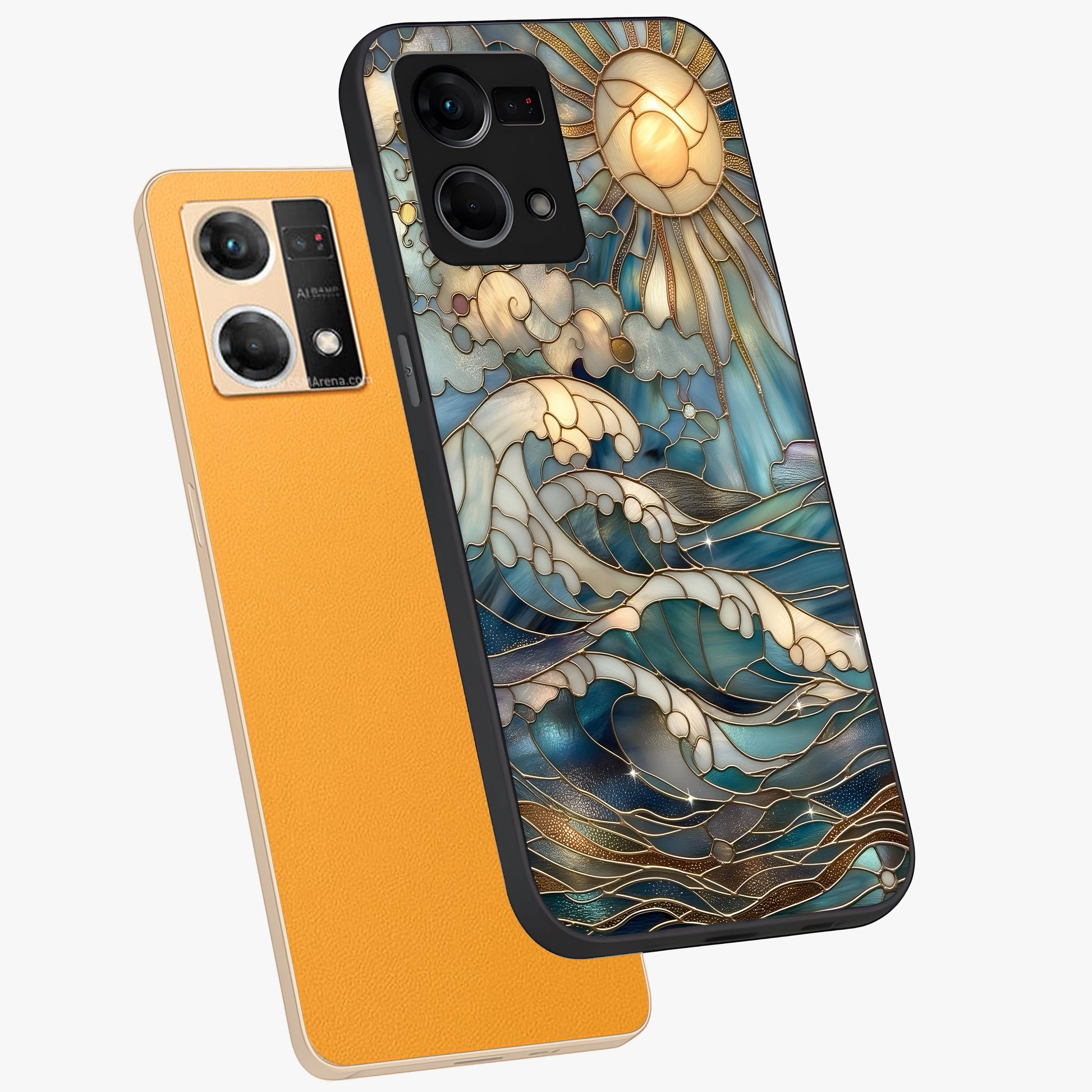 Oceanic Stained Printed Glass Case displayed in angled mockup highlighting colorful aquatic design with artistic aesthetic style.