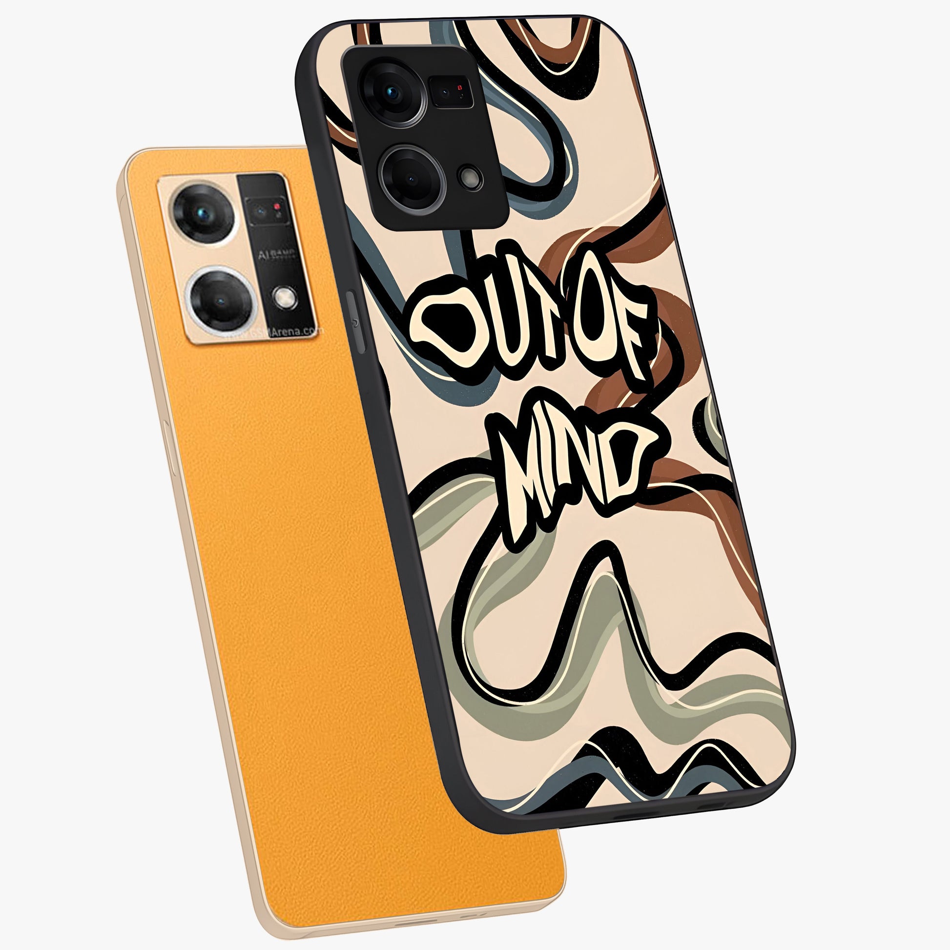 Out Of Mind Glass Case displayed in angled mockup highlighting bold statement design with modern artistic aesthetic.
