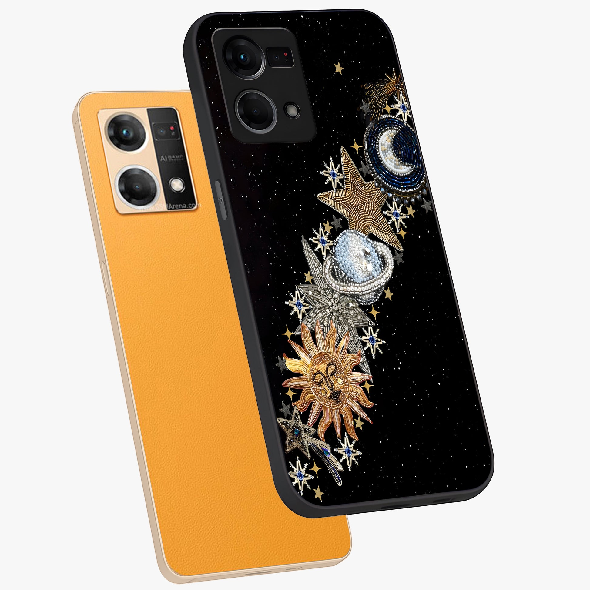 Pearls Universe Object Glass Case displayed in angled mockup highlighting celestial pearl design with dreamy aesthetic.