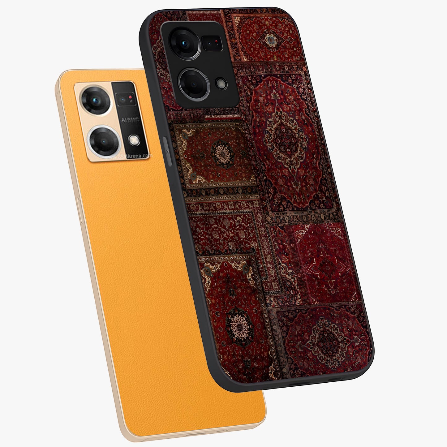Persian Velvet Tale Glass Case displayed in angled mockup highlighting ornate textile inspired design with royal aesthetic.