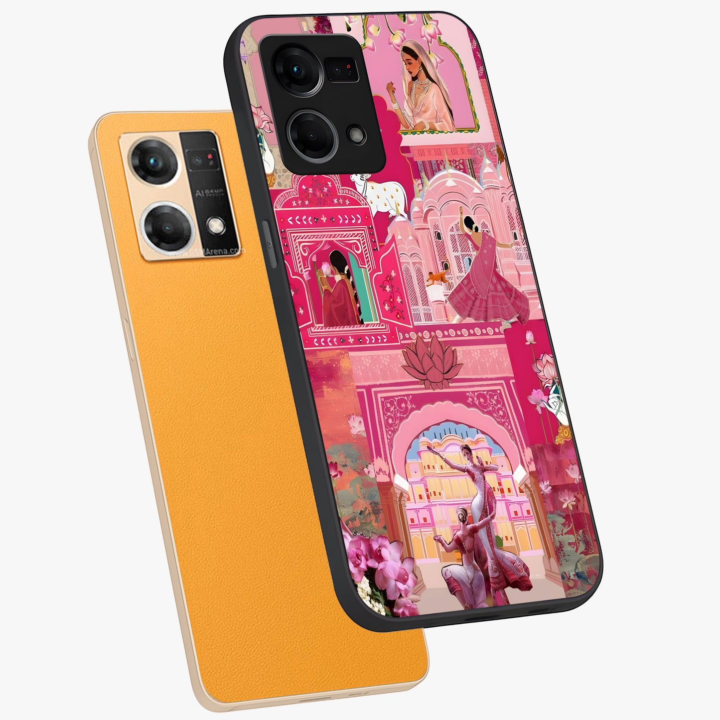 Pink Palace Muse Glass Case displayed in angled mockup highlighting dreamy palace illustration with soft pink aesthetic.