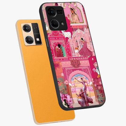 Pink Palace Muse Glass Case displayed in angled mockup highlighting dreamy palace illustration with soft pink aesthetic.