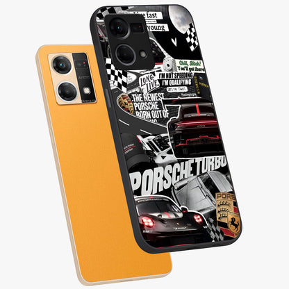 Porsche Racing Collage Glass Case displayed in angled mockup highlighting dynamic automotive design with bold racing aesthetic.