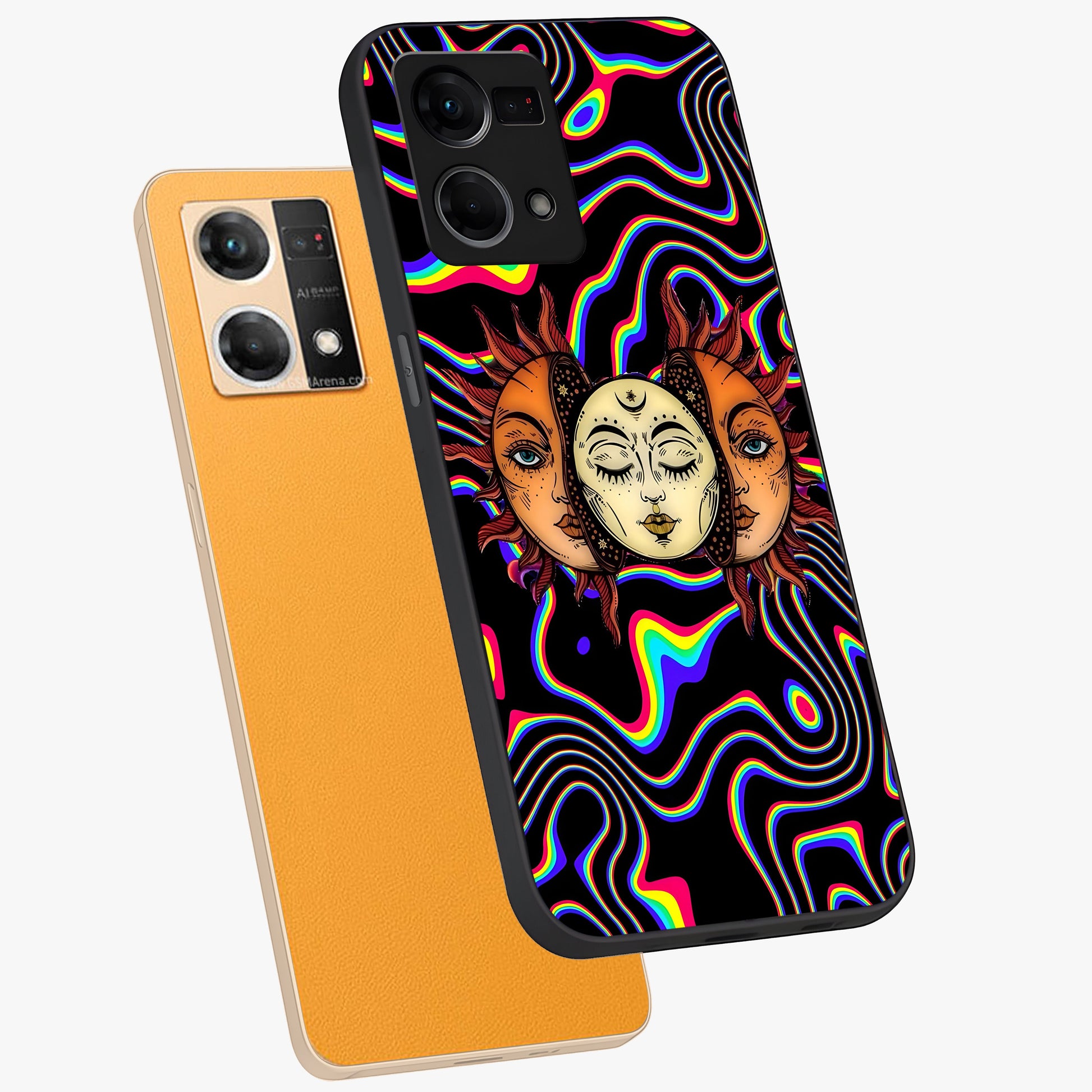 Psychedelic Sun Glass Case displayed in angled mockup highlighting vibrant abstract sun design with artistic aesthetic style.