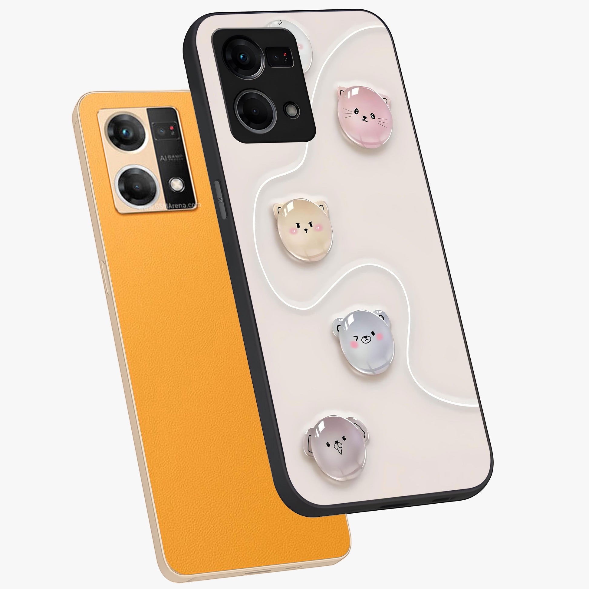 Puffy Face Parade Glass Case displayed in angled mockup highlighting playful cartoon face design with fun aesthetic.