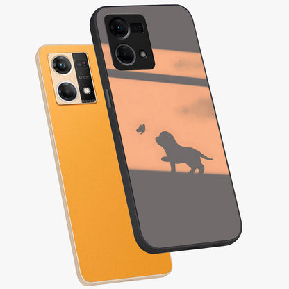 Puppy Shadow Art Glass Case displayed in angled mockup highlighting playful dog illustration with artistic shadow aesthetic.