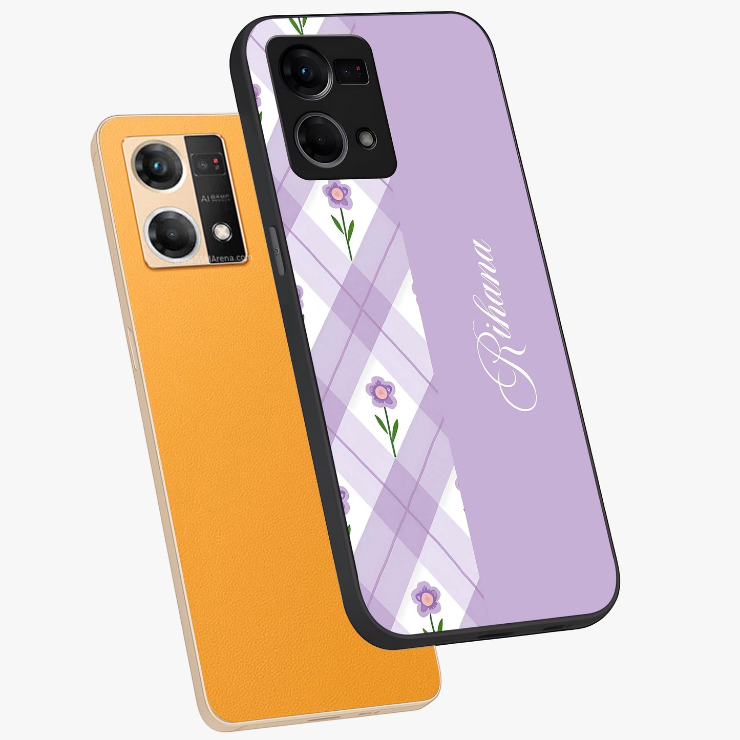 Purple Diamond Floral Glass Case displayed in angled mockup highlighting elegant purple flower design with decorative pattern.