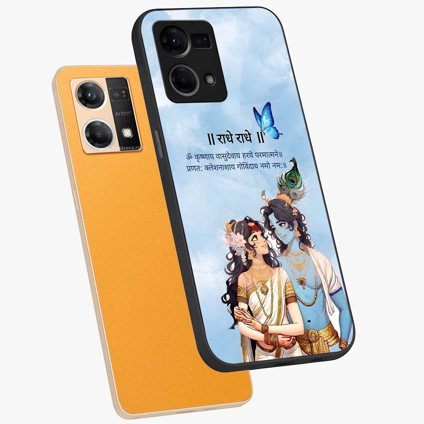 Radha Krishna Eternal Glass Case displayed in angled mockup highlighting divine Radha Krishna illustration with spiritual aesthetic.