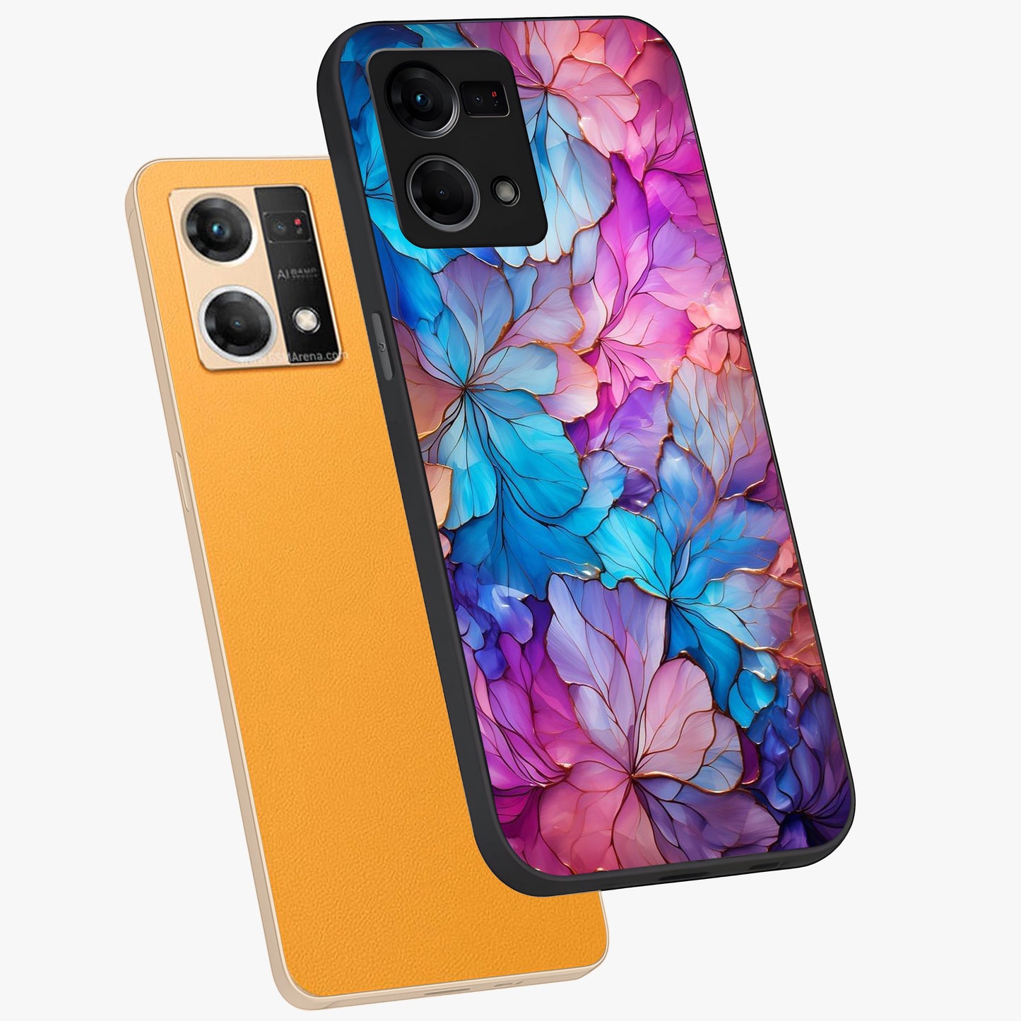 Radiant Floral Whirl Glass Case displayed in angled mockup highlighting vibrant flower pattern with dynamic artistic aesthetic.