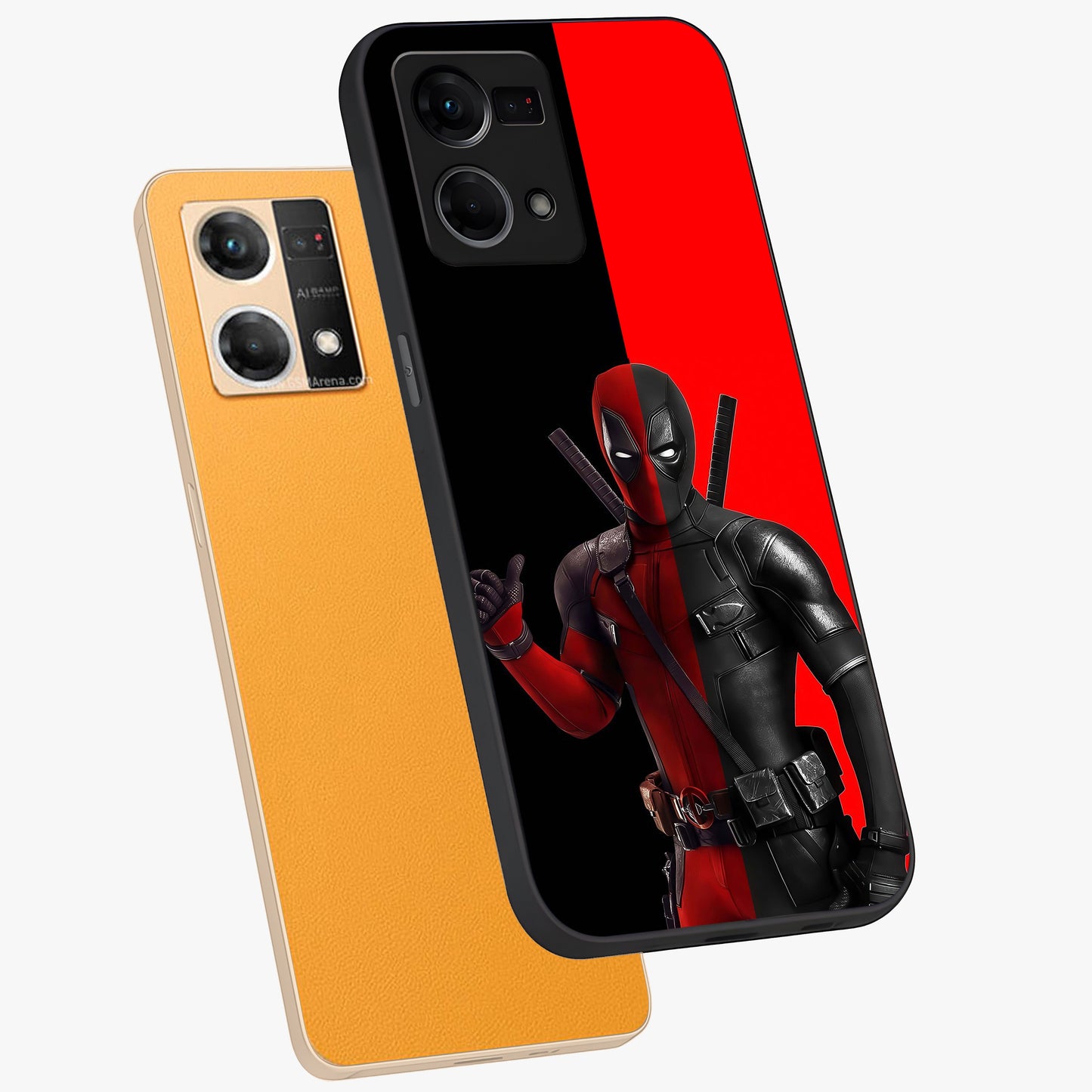 Red & Black Deadpool Theme Glass Case displayed in angled mockup highlighting vibrant superhero style illustration with action aesthetic.