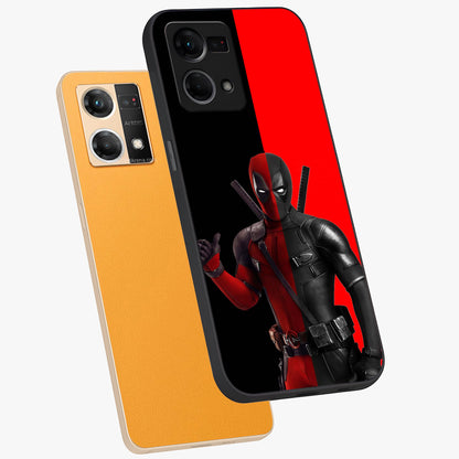 Red & Black Deadpool Theme Glass Case displayed in angled mockup highlighting vibrant superhero style illustration with action aesthetic.