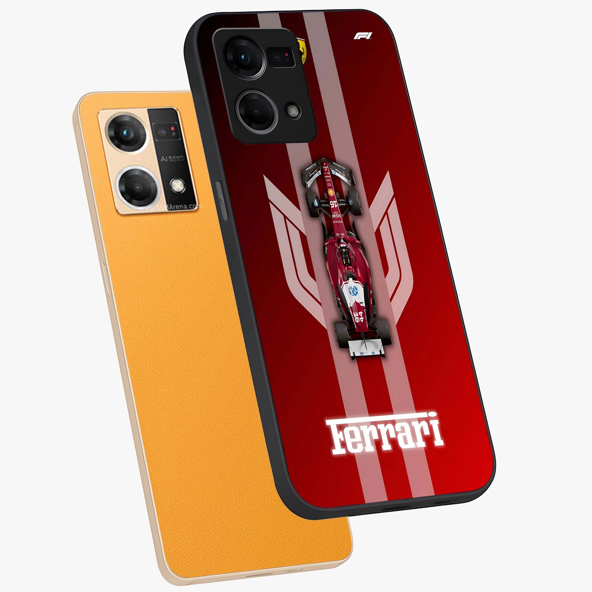 Red Ferrari F1 Vertical Glass Case displayed in angled mockup highlighting high speed racing design with bold automotive aesthetic.