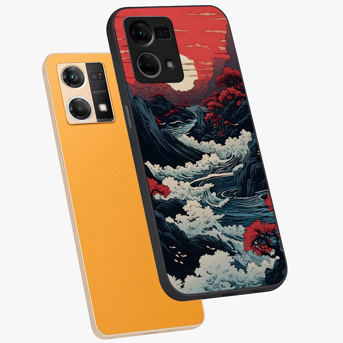 Red Sunset Scenery Glass Case displayed in angled mockup highlighting glowing sunset sky design with scenic aesthetic.