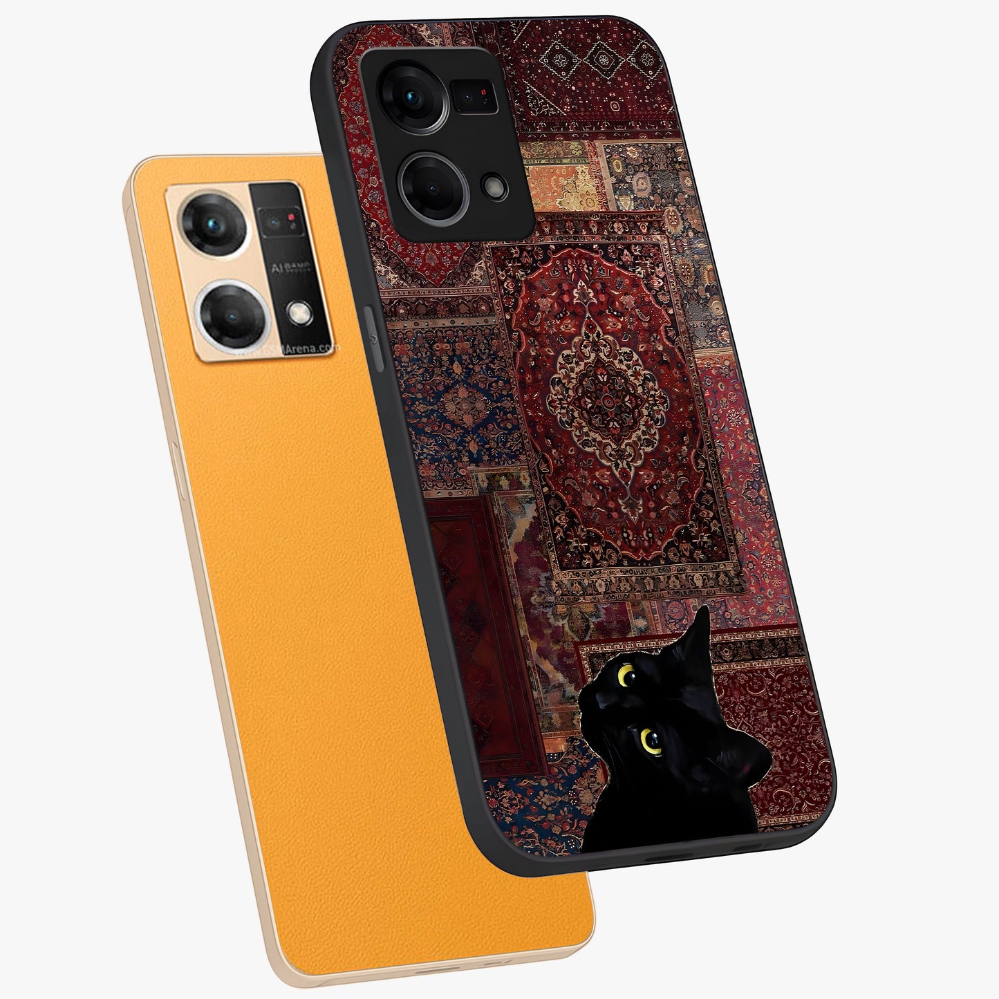 Regal Magic Cat Apple Glass Case displayed in angled mockup highlighting whimsical feline design with fantasy aesthetic.