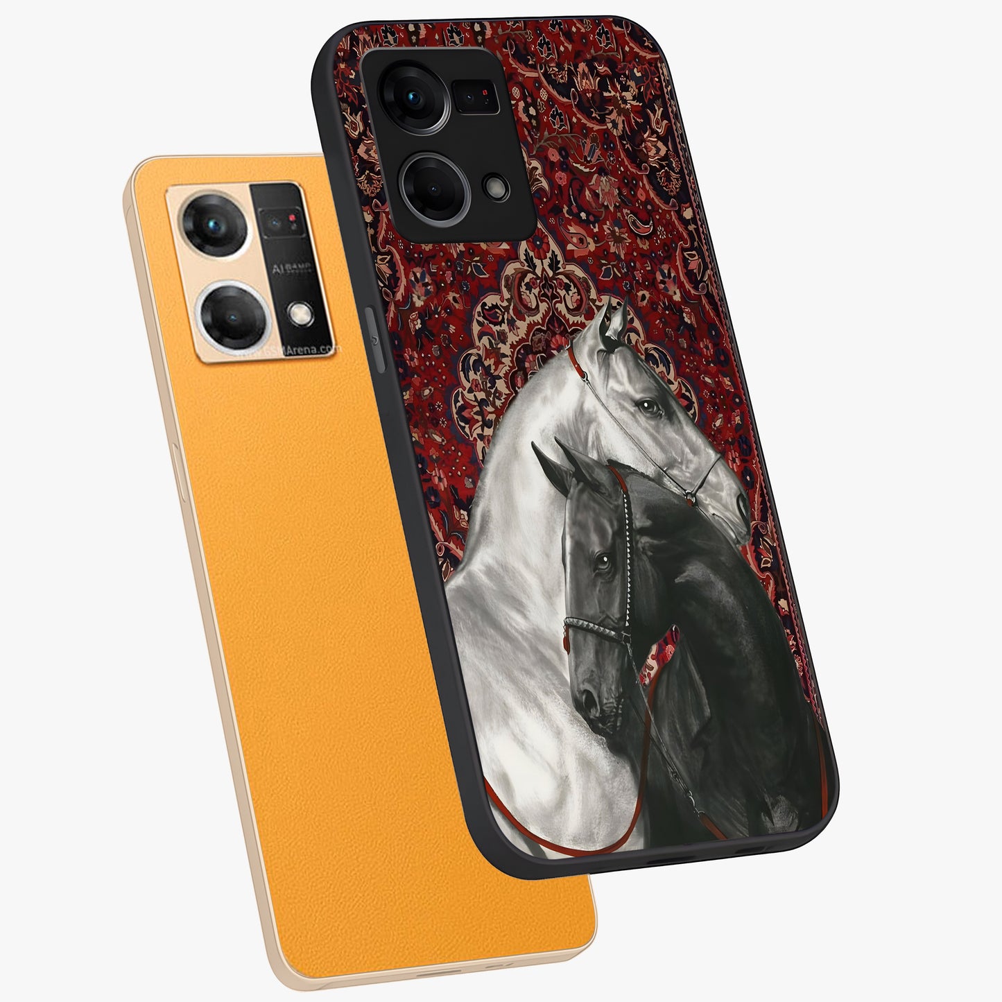 Regal Stallion Tapestry Glass Case displayed in angled mockup highlighting royal stallion design with decorative heritage aesthetic.