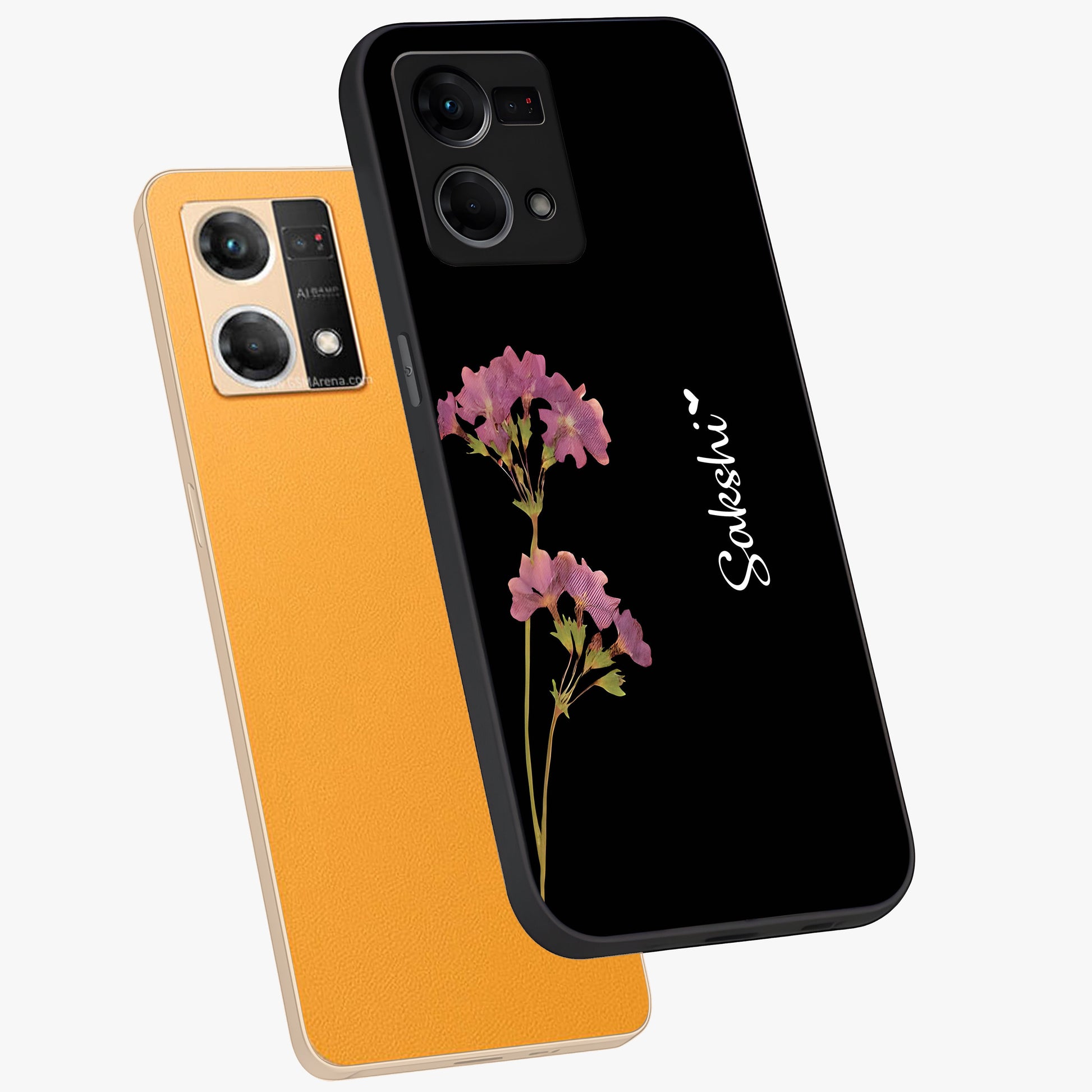 Riching Lavender Flower Custom Name Glass Case displayed in angled mockup highlighting delicate lavender flower design with custom name feature.